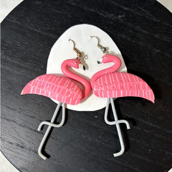 Flamingo Pierced Earrings‎ 1980's Pink and Gray Artisan Jewelry Fun - Picture 6 of 6